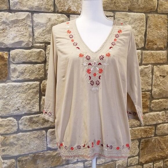 𝅺Bill Blass Boho Tan Top Smaller XL vintage disco embroidered - Picture 1 of 5